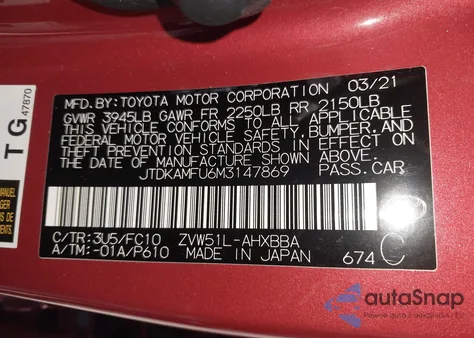 2021 Toyota Prius L Eco z USA, uszkodzony, nr VIN JTDKAMFU6M3147869